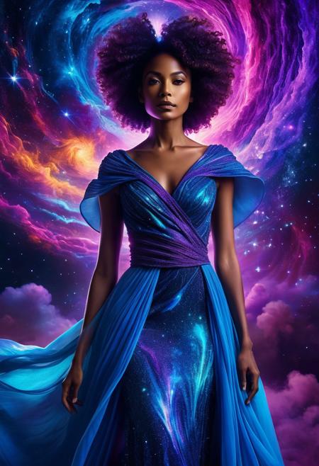 Mixed media astral cosmic portrait. Medium shot. An Gorgeous African American woman wearing a voluminous blue dress stands in a mystical galaxy setting. Head and shoulders. Vivid glowing astral filaments wrap around her form. Sparkling cosmic dust emanates from the folds of her dress. Soft, ethereal lighting with intense beams of blue and purple. 8k resolution, incredibly detailed, Pablo Amaringo inspired, psychedelic, dreamlike, cosmic art, mixed media, glowing neon colors, vibrant textures, spiritual, otherworldly, hypnotic, mesmerizing.