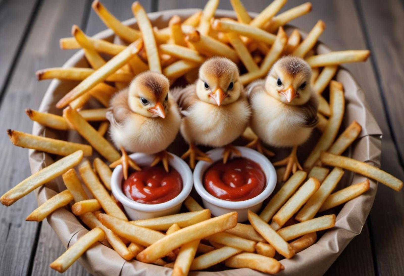 A bowl of fries with two baby chicks sitting on top and two ketchup cups.
