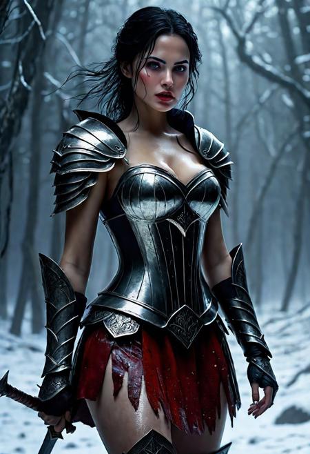 Ultra detailed digital art masterpiece beautiful Brett Cooper as Warrior Snow White girl dressed in a iron Armor and red mini skirt, Standing on a battlefield at the head of an army of knights, where a bloody slaughter is taking place, standing in battle pose, a dark epic fantasy, perfect lighting, beautiful Warrior Snow White girl, attractive woman, elegant, beautiful woman of athletic body, epic shot of the whole Warrior Snow White girl, unreal engine 5 nanite quality, dark fantasy, dark environment, very stormy day, LOTR style, dark washed out eyeliner, no make up, natural bloody pale face, realistic brown eyes, ultra detailed atmospheric details, beautiful glowing effects, sparkle effects, realistic body proportions, beautiful face proportions, complex masterpiece, wavy raven black hair, creative glowing detailed tattoos, complex physics, enhanced colors, complimentary colors, ultra detailed raytracing reflections, Ultra detailed complex background, environment feels alive, direct eye contact, dramatic lighting, wet and sweaty skin, beautiful firm Breasts, Daylight, Concept art by Greg Rutkowski, adding to the intense and dynamic atmosphere of the scene.