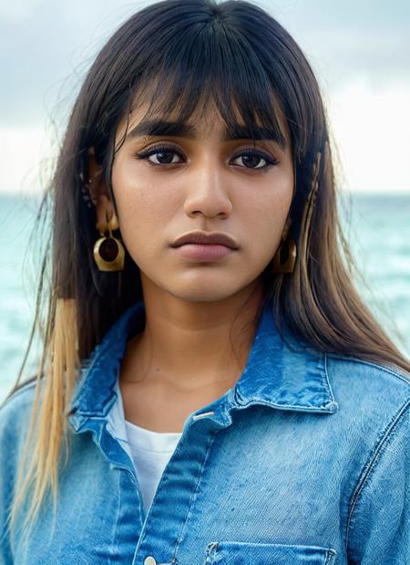 portrait of skswoman, ashamed , wearing casual wear , with blonde Wispy bangs , background ocean epic (photo, studio lighting, hard light, sony a7, 50 mm, matte skin, pores, colors, hyperdetailed, hyperrealistic), <lyco:Priya Prakash Varrier:1.1>