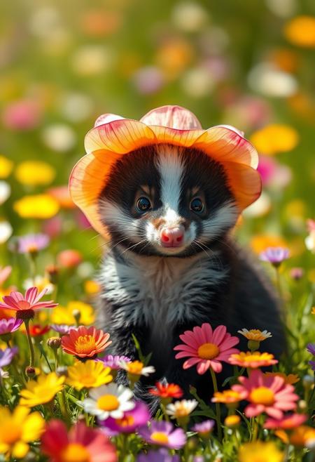In a sun-drenched meadow, a hyper-realistic, adorable baby skunk sits amidst a sea of vibrant wildflowers, wearing a tiny hat that resembles a blooming flower. The hat's petals, a delicate blend of pink and yellow, gently curve around the skunk's head, as if a real flower has blossomed on its forehead. The skunk's fur is a soft, fluffy black and white, with a subtle sheen that catches the light. Its big, round eyes sparkle with curiosity, and its tiny nose twitches with excitement. The surrounding flowers, a kaleidoscope of colors, seem to glow with an inner light, as if infused with magic. The air is filled with the sweet scent of blooming flowers, and the atmosphere is alive with a sense of wonder and enchantment. Highest-Quality, 4k, intricate details, visually stunning, Masterpiece