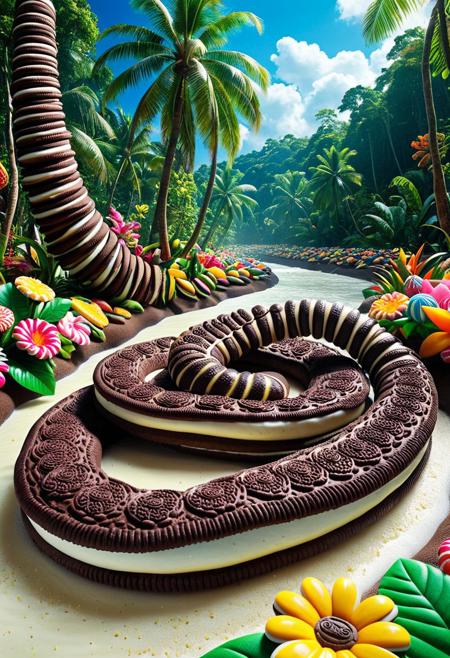 Sweet Delight, ((Anaconda)) made of creamy cookies, swimming through creamy Amazon river, Cookies trees of the tropical sugar forest, sweetscape, candy flowers,  sweet landscape, striking, lively colors, intense colors, picturesque, masterwork, exemplar quality, global illumination, SFW, PG, exquisite detail, digital art, dw01-3400