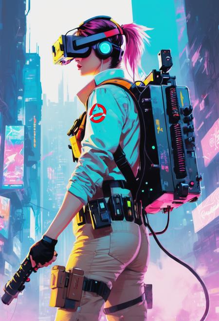Ghost Busters, firing Proton Pack,  wearing VR helmet,  cyberpunk 2077 cityscape,  art by Agnes Cecile