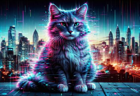 glitch style, giant cat, holographic eyes, neon fur, urban skyline, glitching lights, glowing paws, surreal movement, digital streaks, city glow