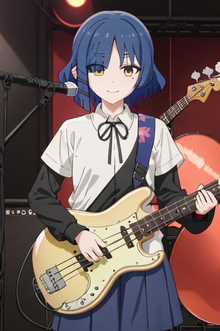 best quality, masterpiece, highres, solo, {yamada_ryo_bocchitherock:1.15}, blue_hair, short_hair, bangs, mole_under_eye, mole, yellow_eyes, hair_ornament, closed_mouth, hairclip, 1girl, bass_guitar, black_shirt, closed_eyes, collared_shirt, guitar, holding, holding_instrument, instrument, long_sleeves, music, playing_instrument, shirt, smile