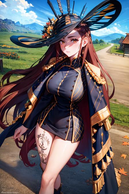 masterpiece, best quality, <lora:fsrdorothea-nvwls-v1-000009:0.9> fsrdorothea, hat, earrings, black dress, jacket on shoulders, leg tattoos, large breasts, from above, furrowed brow, wide shot, village, autumn, mountains