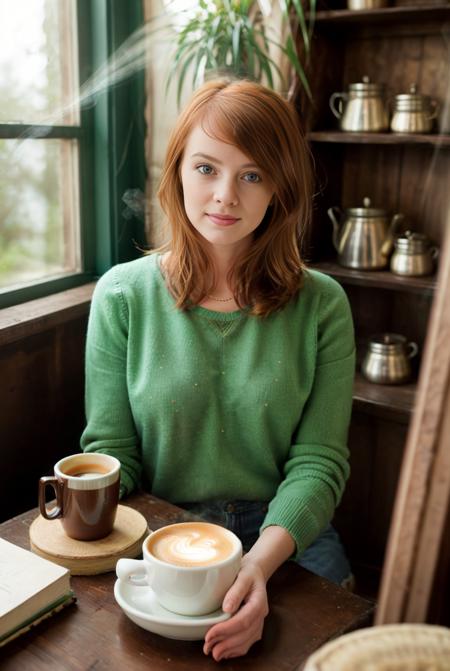 <lora:LassSD:0.8> A young woman in a cozy vintage café, wearing a sweater and having a steaming cup of coffee. Sunlight streams through large windows, illuminating her serene expression. Rustic furniture, antique decor, shelves with books and jars, soft golden lighting, tranquil atmosphere. RAW photo, soft lighting, 8K UHD, DSLR, film grain, Nikon D850.