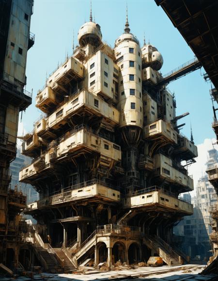 hyper realistic photograph of  a (complex architectural science fiction structure:1.4) by Bob Eggleton and Yoji Shinkawa, (glossy, ivory , masterful:1.4), medium full shot, poster art, bold lines, hyper detailed, expressive,  award winning,  dark limited color palette, high contrast, depth of field, (intricate details, masterpiece, best quality:1.4),
overexposure, looking at viewer, dynamic pose, wide angle view,
<lora:add-detail-xl:1> <lora:xl_more_art-full_v1:0.5>  <lora:NicolaSamori:0.5> in the style of nicola samori <lora:looking_at_viewer:2>