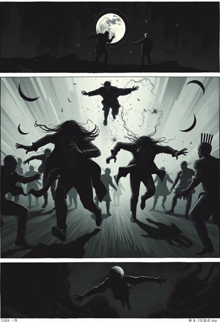 A chase scene that moves fluidly across multiple panels, [(dark and thought-provoking, art style fusion:1.25) ::0.35], (inspired by Nicola Samori and Pejac), [eerie and introspective themes: intricate symbolism: 0.70], [surreal elements: clever use of negative space: 0.60], fusion of styles, contemplative ambiance, detailed symbolism