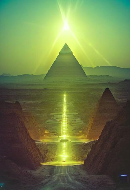 ()Hyoer Realistic:2.0)Polaroid picture 
an image of Ancient Egyptian pyramids, bathed in golden light, as a shimmering portal materializes beneath. The portal's iridescent glow illuminates the desert sands, beckoning travelers to enter. Capture the contrast between the ancient structures and the (futuristic, utopian universe within, teeming with lush vegetation, gleaming spires, and hovering spacecraft. Incorporate a sense of wonder and discovery, as the secrets of the pyramids unlock a gateway to a brighter, intergalactic future: 1.1)
BREAK 
(Hyper-realistic photo of a breathtaking view from the I-70 overpass in Colorado. Majestic Rocky Mountains rise in the distance, meeting endless blue skies with a few fluffy white clouds. The interstate highway stretches out below, winding through the valley. Lush green forests and meadows dot the landscape. Detailed textures, realistic lighting with warm sunlight, and a sense of grandeur. 4k resolution, photorealistic, trending on Artstation, vivid colors, perfect composition, rule of thirds, golden ratio. Negative prompts: poorly rendered faces, poorly drawn hands, bad composition, mutated body parts, disfigured, bad anatomy, deformed body features.:2.5)