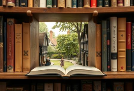 A bookshelf with a missing book. The gap created by the missing book  is the entrance to a miniature  Tudor street that leads to a beautiful park with Tudor ladies and gentleman promenading together