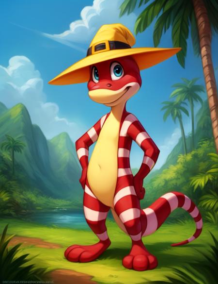 DocCrocSimsalaGR, lizard, red_and_pink_stripes, yellow hat,
