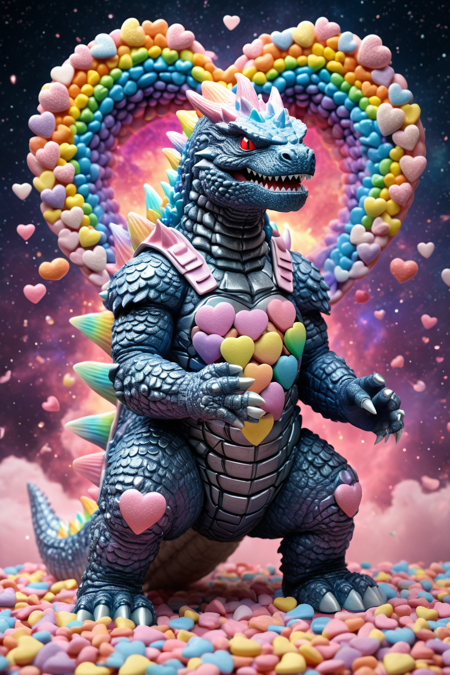 a 3D cute godzilla kaiju made from candyhearts armor,breathing rainbows,magic,sci fi,energy,text "KAIJU",<lora:Candyhearts-15:0.7>,(outer space background) . Professional,modern,masterpiece,super realistic,highly detailed