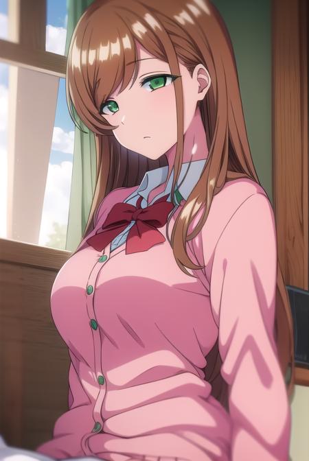 minakosanada, <lyco:minakosanada-lyco-nochekaiser:1>, 
minako sanada, long hair, brown hair, (green eyes:1.5),
BREAK long sleeves, bow, school uniform, bowtie, red bow, cardigan, pink cardigan,
BREAK looking at viewer,
BREAK indoors, classroom,
BREAK <lora:GoodHands-vanilla:1>, (masterpiece:1.2), best quality, high resolution, unity 8k wallpaper, (illustration:0.8), (beautiful detailed eyes:1.6), extremely detailed face, perfect lighting, extremely detailed CG, (perfect hands, perfect anatomy),