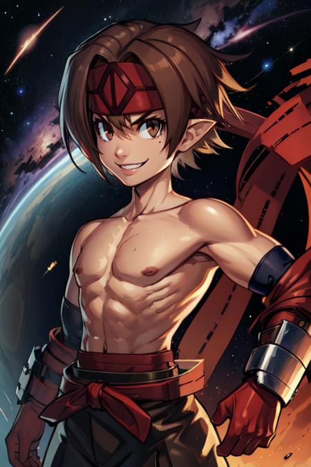 MWarrior, brown hair, brown eyes,  pointy ears,  topless male, short hair,  red gloves,  
pants, red belt, headband,  
outer space, stars,  cowboy shot,  
(insanely detailed, beautiful detailed face, masterpiece, best quality) 
smile,  
standing, solo, upper body,  <lora:malefighter-10v5:0.7>