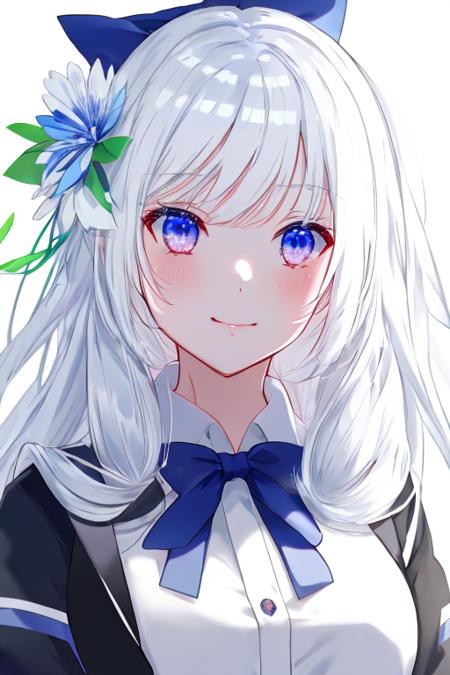 1girl,(anime:1.2),hair ribbon,hair flower,white|white|white|blue_eyes,face,masterpiece,best quality,white|blue_hair,white background,upper body <lora:Miwano-Rag-v2-000005:1>