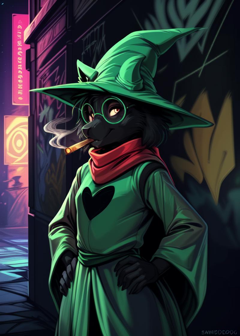 A cartoon character wearing a wizard's hat and glasses while smoking a cigarette.