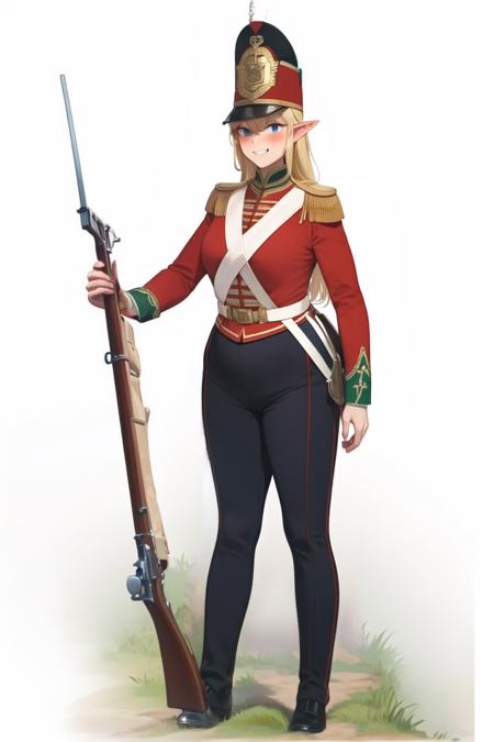 masterpiece, best quality, absurdres, high resolution, extremely detailed, 1girl,  <lora:redcoatv2:0.75>,military_uniform, uniform, standing, hat, epaulettes ,military, white_pants, red_jacket,shako hat,rifle, white pants,napoleonera, regiment of foot,redcoat,musket, red and white hackle, red and white plume, blonde long wavy hair, blue eyes, smug, full-face blush, large breasts, wide hips, narrow waist, elf,pointy ears,   <lora:mashu style-03:0.8>bayonet,