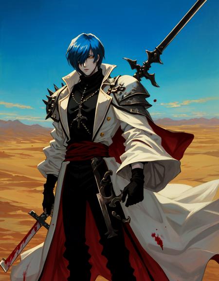 ashenhard style, masterpiece, 1boy, legato, blood, desert landscape, detailed background, blue hair, hair covering eye, yellow eye, white coat, black turtleneck, spikes, fingerless gloves, evil, <lora:legatov1:0.8>