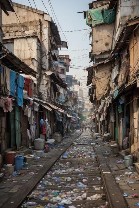 alley, slumparea full of trash at jakarta, trash can, garbage, trash, plastic bag, dirty, slum city, poverty,  dim light, epic, cityscape, dawn, clear sky, tree, railroad, cable, dramatic, river,  <lora:ARWSlumpArea:1>