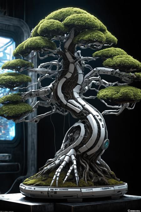 (biopunk bonsai tree:1.2) with cybernetic features, cinematic, cyberpunk elements, amazing detailed, grim sci-fi, biomorph, organic and mechanical, natural light