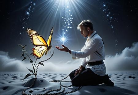 lazypos, gl0w, 
A surrealism artwork depicting a kneeling man in profile, his head replaced by a fractured, many-hued star emitting a soft, ethereal glow. His outstretched hands reach toward a tiny, radiant butterfly, the sole source of warm illumination in the scene. Chains bind his wrists, symbolizing confinement. The background is a desolate, muted gray landscape, enveloped in soft volumetric fog and subtle particles. The grayscale palette is punctuated by the butterfly's golden glow and the star's vibrant colors, evoking a surreal, dreamlike atmosphere with hints of the macabre. The composition conveys themes of isolation, hope, and the longing for liberation