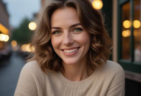 *A meticulously detailed, hyper-realistic portrait of Olivia, 35 years old, slender oval face,with softly contoured features, straight narrow nose with a gentle slopewith sun-kissed skin, bright green eyes, and a radiant smile. Her wavy, very short-length light brown hair is casually tousled,. Extremely natural skin texture, subtle wrinkles, subtle laugh lines. Her skin is natural, with subtle imperfections that enhance realism and a warm, genuine smile that reveals slightly perfect teeth.*     
The background is a cozy urban café with warm string lights and a blurred cityscape at dusk. Shot with a Hasselblad H6D-100c medium-format camera, using a tight crop and shallow depth of field (f/2.8) to emphasize the fine details of her beige woolen sweater and natural skin texture. The lighting is warm and diffused, casting a golden glow reminiscent of a Thomas Kinkade painting.*