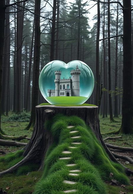 In the old forest, on a large sawn tree stump, stands a heart-shaped crystal ball, inside the crystal ball is an old castle, the castle is surrounded by a green grass, the grass a winding path leads directly from the stump to the castle.