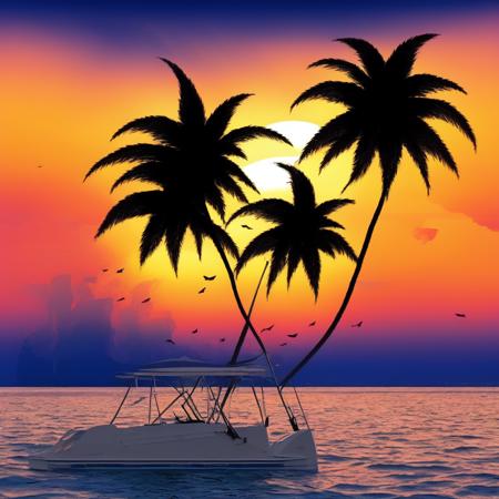 (bitboat:1) an image of a sunset with a boat and palm trees <lora:BitBoats_LoraBooth:1>