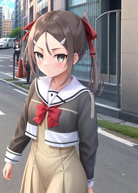 ((Street in the middle of a modern city,detailed background,beautiful background)),<lora:Miyoshi_Karin-10:1>,Miyoshi_Karin, 1girl, solo,brown hair, hair ornament, long sleeves,dress, bow, ribbon, twintails, school uniform, hair ribbon, hair bow, shoes, socks, hairclip, bowtie, black footwear, red bow, grey eyes, kneehighs, loafers, sailor dress, pleated dress, grey dress,white socks,upper body