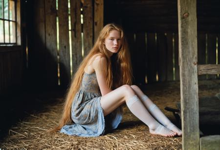 Petzval 55 f/1.7, bokeh, Skin Textures, photo by Steve McCurry. ((19th century:1.3) street photography photograph:1.3). 18-year old with ginger textured very long hair. A toned physique with dirt-streaked skin and chapped lips. Wearing dress with stockings and is barefoot. Crouching in a rustic barn. Photo is side view with gaze averted in gentle shade, the mood is quietly peaceful, feeling weary.