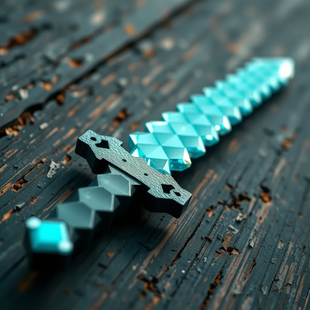 Highly detailed Minecraft aqua diamond crystal sword on weathered black wood, with fine textures, Gaussian blur.