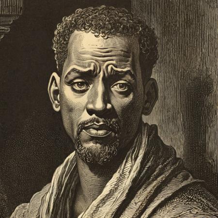 woodcut illustration in detailed gustavedore style, book illustration, crisp even lines, medium contrast, Tenebrism
portrait of Will Smith (American actor, rapper), detailed eyes, 
by gustave dore <lora:GustaveDore_StyleXLv6.1:0.85>