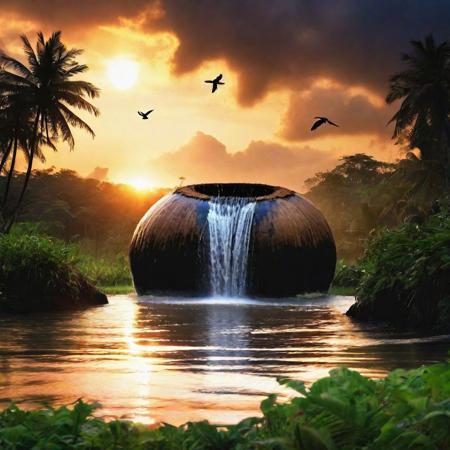 Dense water fall emerging from a giant  coconut shell , dense coconut farm ,people collecting water from it, sun set,birds flying,black clouds  (8k, RAW photo, best quality, Masterpiece: 1.2), (Hyperrealistic, Photo-realistic: 1.37)