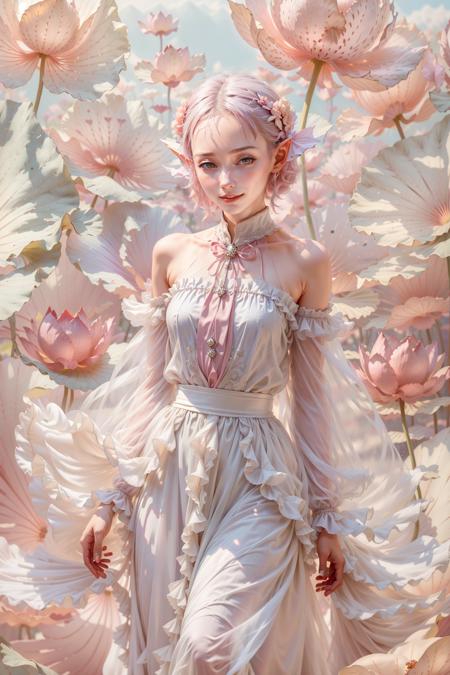 Best Quality,Masterpiece,Ultra High Resolution,(Realisticity:1.4),photorealistic,extreme detailed,Original Photo,(pink girl tone:1.2),1girl,portrait,elf,silver hair,solo,cowboy shot,(dynamic posture:1.4),red dress,bare_shoulders,(low key:1.2),giant lotus leaf,looking at the audiences,long sleeves,red lips,cinematic lighting,(smile:1.3),50mm,F0.8,8K raw,depth of field,bokeh,sharpening,fair pale skin,xiayuhe,<lora:xiayuhe v0.5-000007:0.6>,<lora:add_detail:0.6>,<lora:epi_noiseoffset_v2:1.1>,<lyco:GoodHands-beta2:1>,