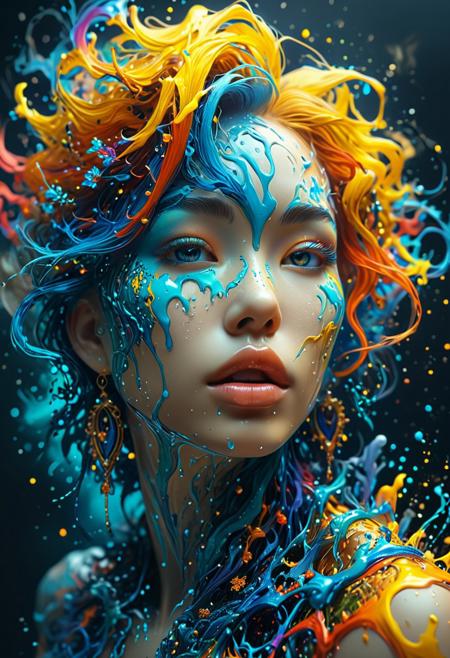 Most extravagant Rococo. Astral Escape! This captivating splash art features a Vietnamese character with vibrant, colorful hair, inspired by StarCraft and exhibiting an epic, ArtStation-worthy style. The artwork showcases a splash of colorful paint, contour lines, and hyper-detailed, intricately designed elements, creating a fantastical and unreal world. The design is intended for a 16k resolution, serving as a DeviantArt masterpiece that combines elements of oil painting, watercolor, and thick strokes with paint dripping.
The composition features neon ambiance, muted colors, and a watercolor-style atmospheric quality. The subject's face is depicted with sharp features and striking eyes, complemented by perfect, full lips. The female form is supple and vivid, while dynamic studio lighting and a tilt-shift camera create a cinematic, Film light effect. The artwork is hyper-realistic and highly detailed, with sharp focus and a perfect composition.
Inspired by the works of Glenn Brown, Carne Griffiths, Alex Ross, Artgerm, and James Jean, this masterpiece incorporates elements of wlop, rim lighting, magic, surrealism, and ultra-realism. The spotlight highlights the character, further emphasizing the intricate details and immersing the viewer into this fantastical world.