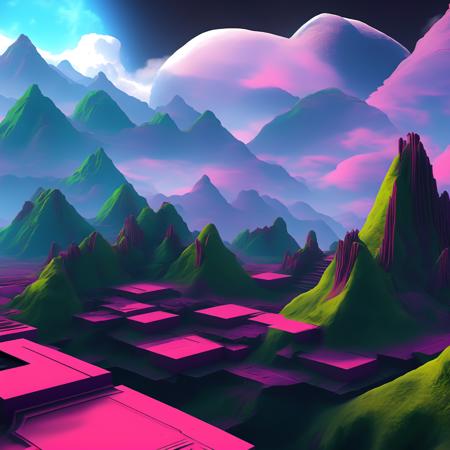 (alientemple:1) a computer generated image of a futuristic landscape with mountains and clouds <lora:AlienTemple_LoraBooth:1>