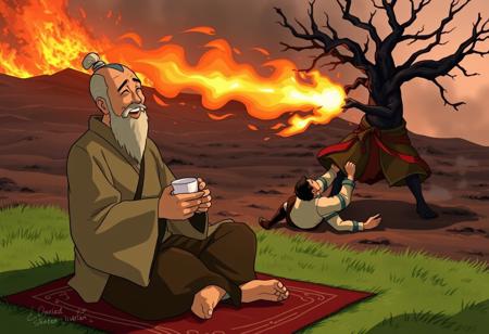 Source from avatar the last Airbender:
On the front  we can see uncle iroh savouring a cup of tea and sitting on carpet on a patch of green grass. He has is eyes closed with a face of delight.
In the background we can see two man fighting. The first one is zuko, he is on the ground struggling.
The second is fire lord ozai he is standing over zuko and charges a fire ball,
The background is made of scorched earth, smoke and a tree is on fire.