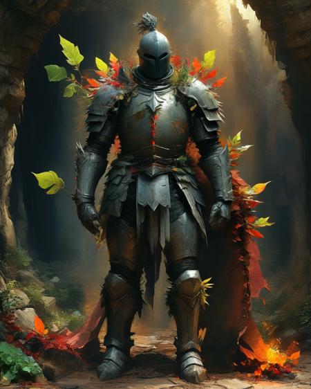 male massive earth elemental made of rock and dirt in the style of Roger Dean threatening a knight in shining armor , full body, large thorn leaves, transparency, sheen, imaginative lighting with reflections and refractions, colorful light, dark background,  magical cavern with hard lighting, hyper realistic, High definition, <lora:add-detail-xl:0.75> <lora:xl_more_art-full_v1:0.5>,  <lora:SandraChevrierXL:1> sachr,  <lora:Ben Aronson Style:1> Ben Aronson Style page,  <lora:MJ52:0.4>
