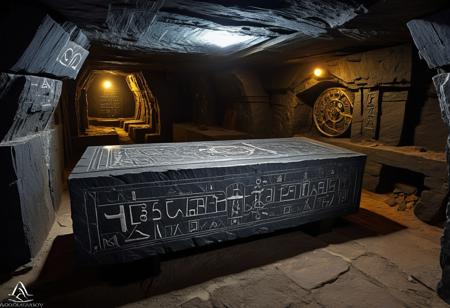 Deep inside the earth, inside a ((ardósia)) mine, "dark schist", "black slate".
Magical realism, a chamber carved into the pitch black slate, decorated with ancient "Chaldean" and "hyperborean" glyphs, iluminated with  ((Cherenkhov radiation)).
Inside the chamber a mysterious ("victorian sarcophagus", steampunk style).