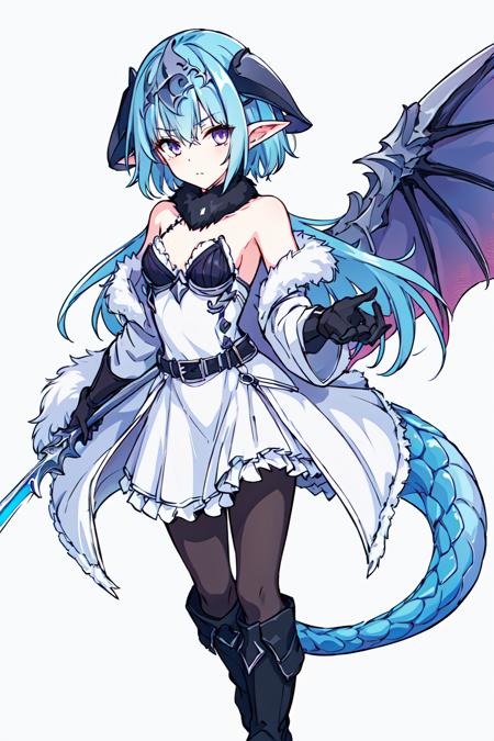 <lora:ReDive:0.8>1girl, solo, dragon tail, tail, fur trim, dragon girl, white background, horns, dress, braid, pantyhose, white jacket, wings, dragon horns, white footwear, weapon, holding, full body, simple background, blue hair, bangs, sword, white dress, long hair, dragon wings, looking at viewer, closed mouth, jacket, sleeveless, black pantyhose, purple eyes, fur-trimmed boots, boots, holding weapon, hair over shoulder, bare shoulders, white coat, holding sword, gloves, coat, sleeveless dress, hand in pocket, collarbone, single braid, open clothes, black gloves, standing, fur-trimmed coat, ice, fur-trimmed jacket, open jacket, fur-trimmed sleeves, v-shaped eyebrows <lora:filene:0.8>