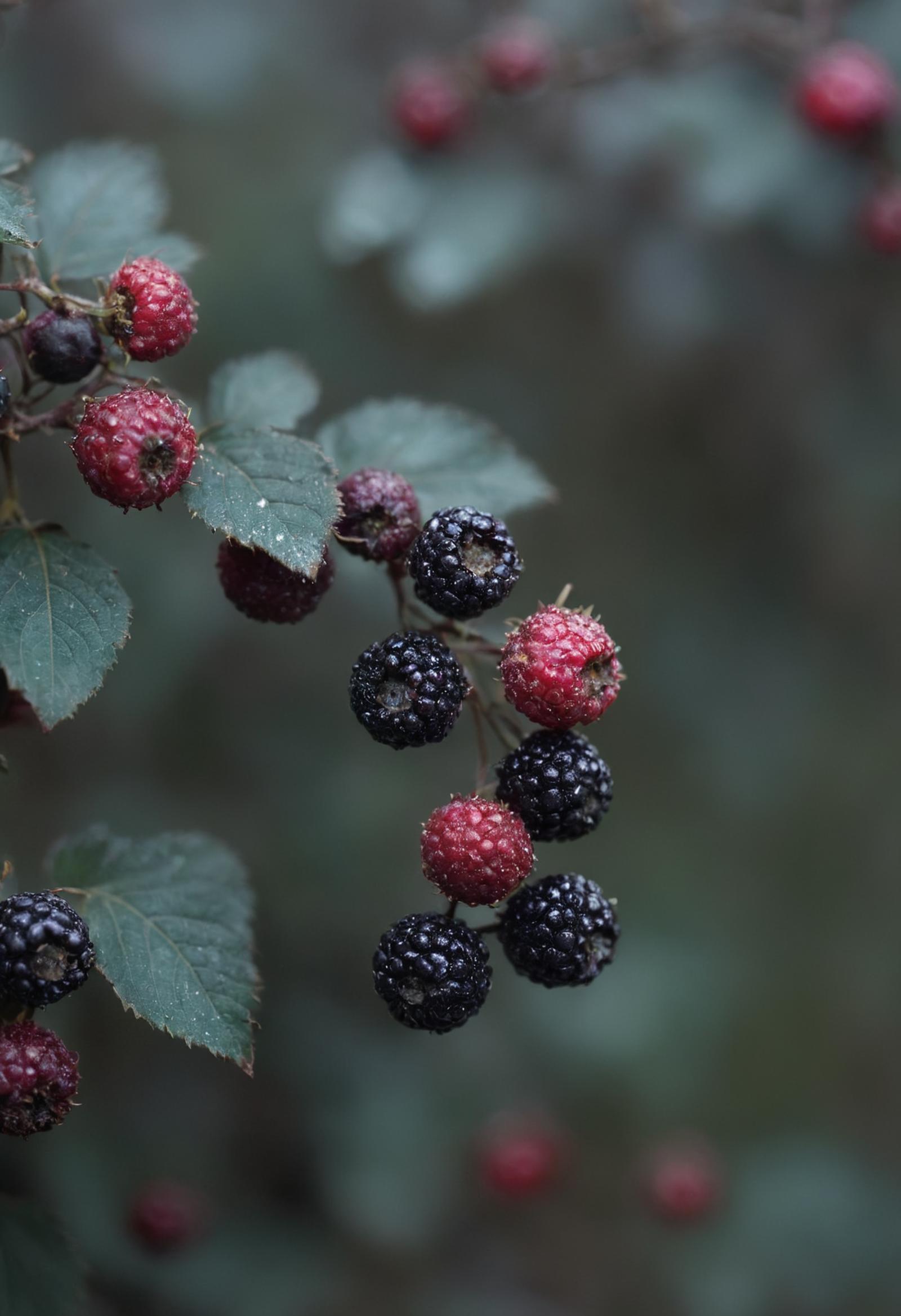 A close-up of a bush with berries, including blackberries and raspberries, hanging from the branches.
