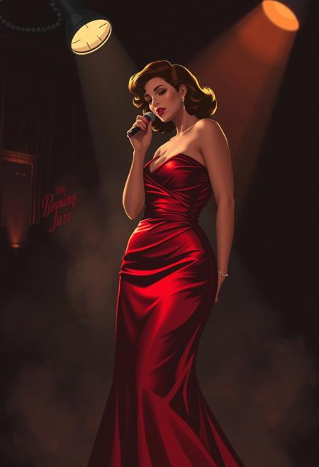 A jazz singer in a red satin dress lit by a single spotlight, her face partly in shadow, the background a smoky lounge interior., romantic noir atmosphere, stylized figures, bold silhouettes, moody lighting, vintage fashion, expressive linework, dramatic poses, dynamic compositions, cinematic storytelling, muted color tones, 20th-century elegance, comic-style shading, narrative tension, windswept settings