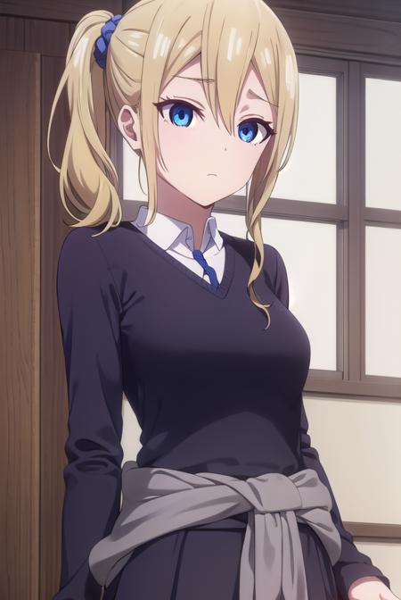 aihayasaka, <lora:ai hayasaka s3-lora-nochekaiser:1>,
ai hayasaka, bangs, blue eyes, blonde hair, hair ornament, hair between eyes, sidelocks, side ponytail, scrunchie, hair scrunchie, blue scrunchie,
BREAK shirt, long sleeves, school uniform, shoes, socks, sweater, cardigan, black socks, clothes around waist, shuuchiin academy school uniform, sweater around waist, cardigan around waist,
BREAK indoors, classroom,
BREAK looking at viewer, (cowboy shot:1.5),
BREAK <lyco:GoodHands-beta2:1>, (masterpiece:1.2), best quality, high resolution, unity 8k wallpaper, (illustration:0.8), (beautiful detailed eyes:1.6), extremely detailed face, perfect lighting, extremely detailed CG, (perfect hands, perfect anatomy),