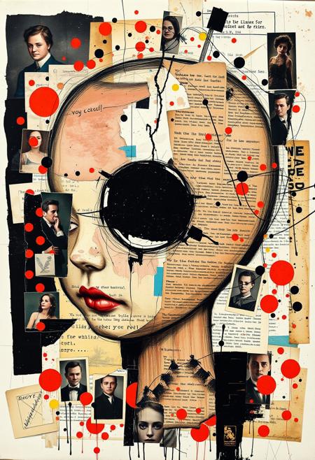 Outsider art. A surreal and deconstructed mixed-media collage in the style of Jacques Prévert with an urgent sense of chaos and energy. An analogue collage artwork blending fragmented styles, layers and textures. 
A Jean-Michel Basquiat illustration of a broken Victorian pot doll's head with a missing eye.
Layered over this obscuring the image are multiple fragmented and overlapping layers of chaotic thick paint, splatters of paint, palette knife oil paint, handwritten scrawled text messages, torn photographs and broken distorted vintage photographs filling the canvas. 
Layers sections of repetitive brightly coloured dots in Yayoi Kusama style. Fragmented scribbles and abstract graffiti images in Jean-Michel Basquiat style over the top. This hides sections of the image below. Outlines are roughly redrawn in black ink and thick oil paint. The overall effect is manic and anarchic with an urgent sense of energy.