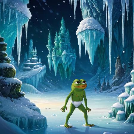 A scene all frozen and full of snow with stalactites, (((pepe_frog))), 1 boy <lora:pepe_frog SDXL:1.2>