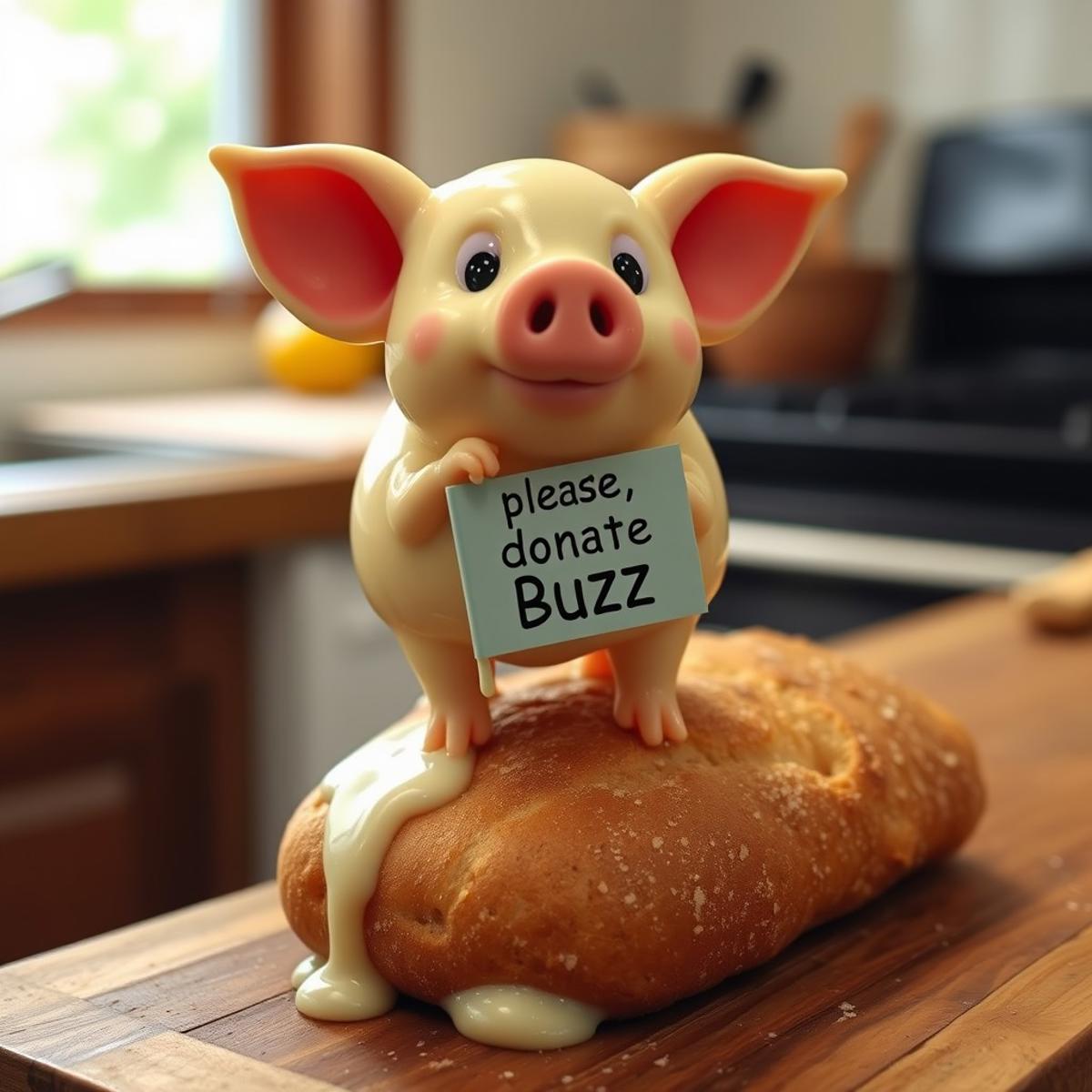 a cute tiny pig made out of melting butter,  with a little flag on it with the words „please donate Buzz“, standing on top of a crusty bread in a kitchen