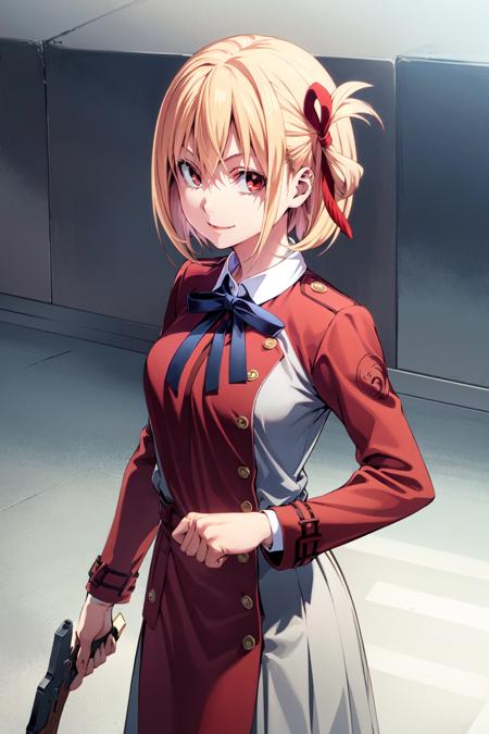 <lora:FoodWarsComicStyle-000030:0.7:lbw=outall>
<lora:chisato_nishikigi_v1:0.7>chisato nishikigi, blonde hair, red eyes, short hair, medium breasts,
hair ribbon, lycoris uniform, long sleeves, two-tone dress, pleated dress, collared shirt, kneehighs,
looking at viewer, smile, holding weapon,, (best quality:1.3),1girl,<lora:GoodHands-beta2:1>,