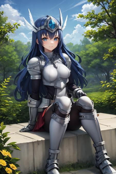 best quality, (masterpiece:1.2), illustration, absurdres,
(1girl, solo),  (beautiful detailed girl), 
<lora:Ennea-08:0.8>, blue hair, long hair, wavy hair, blue eyes, medium breasts,
armor, armored_dress, winged visor, wing ornament, bodysuit, black_bodysuit, pantyhose, armored_boots, greaves, red skirt, red waistcloak,
relaxed, gentle smile, looking at viewer,
magical forest, flowers, sky, clouds