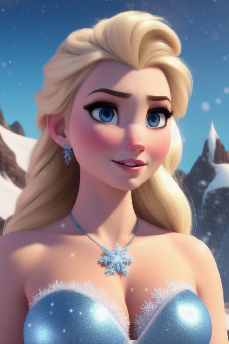 Portrait shot, elsa from frozen holding a star in her hand and a mountain in the background with snow flakes on it, disney, snow, a detailed matte painting, magical realism, disney artwork, (dreamlikeart style:1.0), ( redshift style:1.0), (analog style:1.2), (disney style:1), (copeseethemald style:0.8), (thepit bimbo:0.9), (glossy:1.0), high quality, good artist, porn, nsfw , small boobs, nude, detailed face, detailed boobs, deep cleavage , looking into the camera